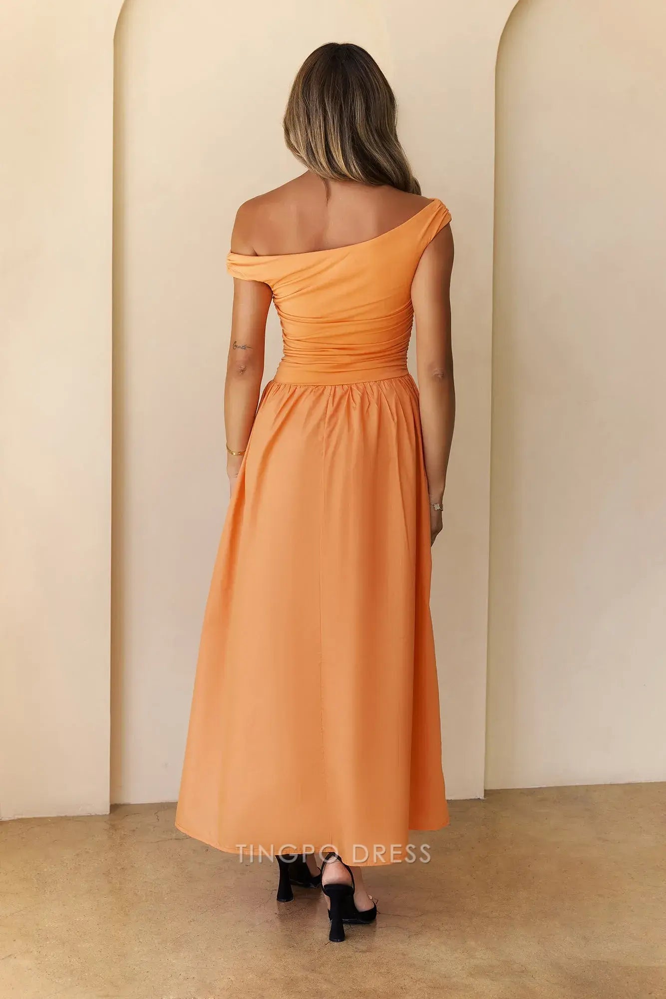 Fashion A-Line Asymmetrical Neckline Sleeveless Side Zip Ankle-Length prom dress